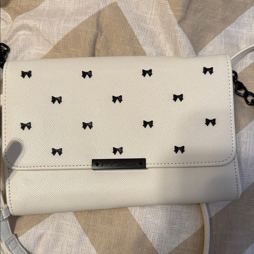 Betsey Johnson Cream Crossbody Bag with Black Bow Accents